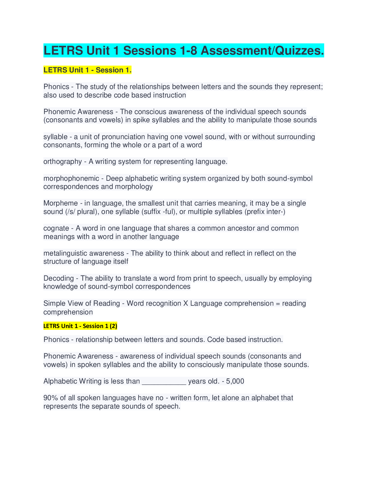 Preview image for (complete LETRS Unit 1 - Sessions) LETRS Unit 1 Sessions 1-8 Assessment/Quizzes.